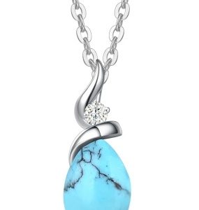 14K Solid White Gold Birthstone Pendant Necklace for Women with Diamond Pear Shaped Teardrop Necklace Birthday Gifts for Mom Women Sterling Silver Chain 16"