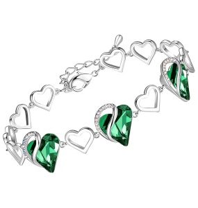 Valentine's Day Heart Link Bracelets for Women, Infinity Love Birthstone Crystal Charms or Healing Stones, Silver Plated Jewelry Gifts for Her, 7-inch Chain and 2-inch Extender